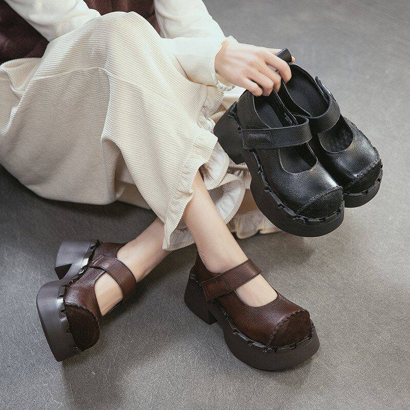 头层牛皮复古女鞋魔术贴时尚单鞋新款春季厚底丑萌头文艺2026原创