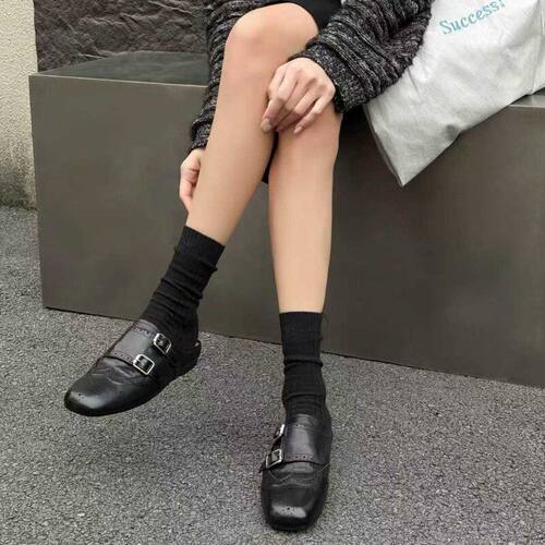 龍林牛皮平底复古小皮鞋乐福鞋女真皮皮带扣现货圆头凉拖女舒适软