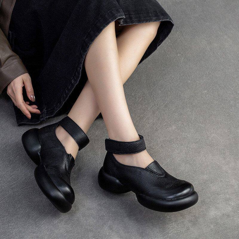 杰骤2025秋季新款圆头厚底粗跟魔术贴女式单鞋擦色简约小个子时尚