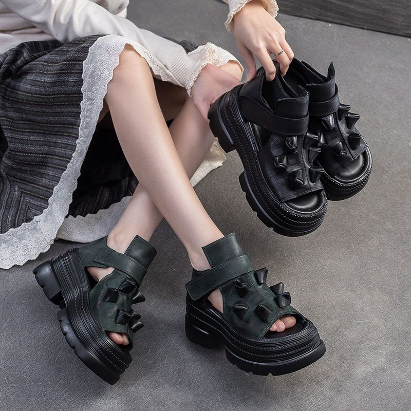 设计松糕头层牛皮跟复古凉鞋新款春夏2025女鞋小众罗马高端鱼嘴风