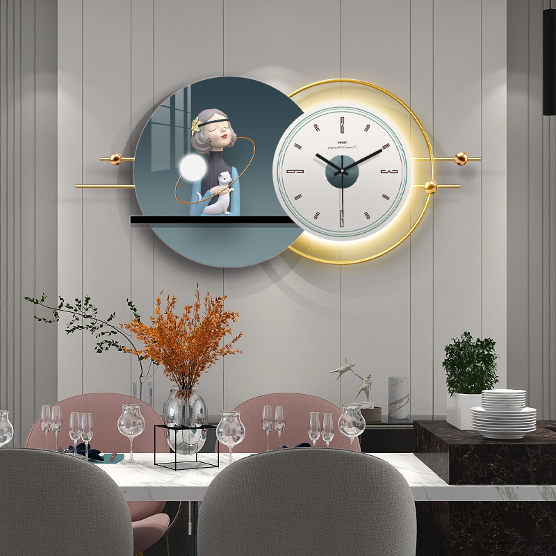 餐厅钟表挂钟客厅家用挂墙时钟轻奢时尚装饰画电子挂表石英钟带灯图片