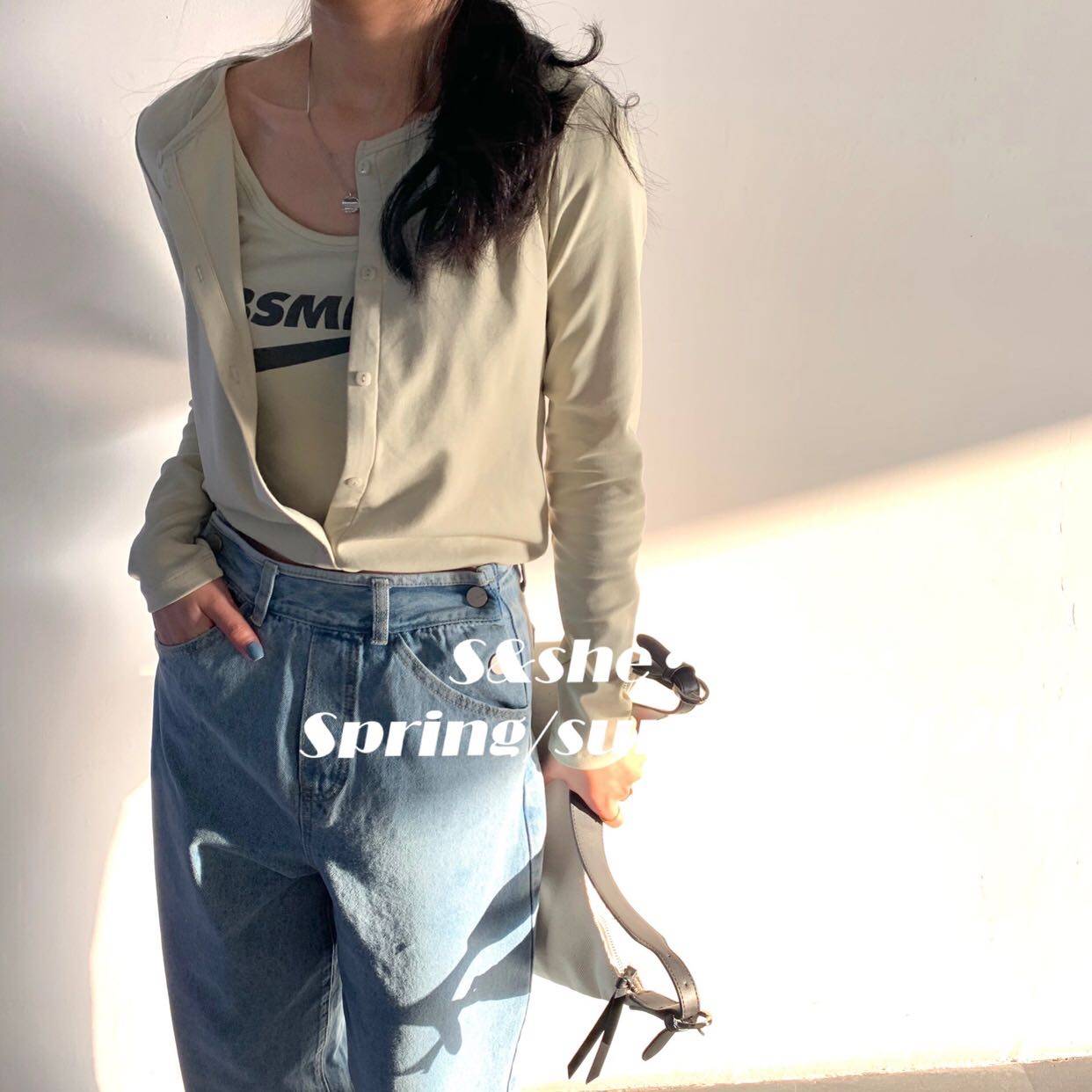 s&she新款2020春季女装印花修身假两件上衣打底长袖吊带圆领女T