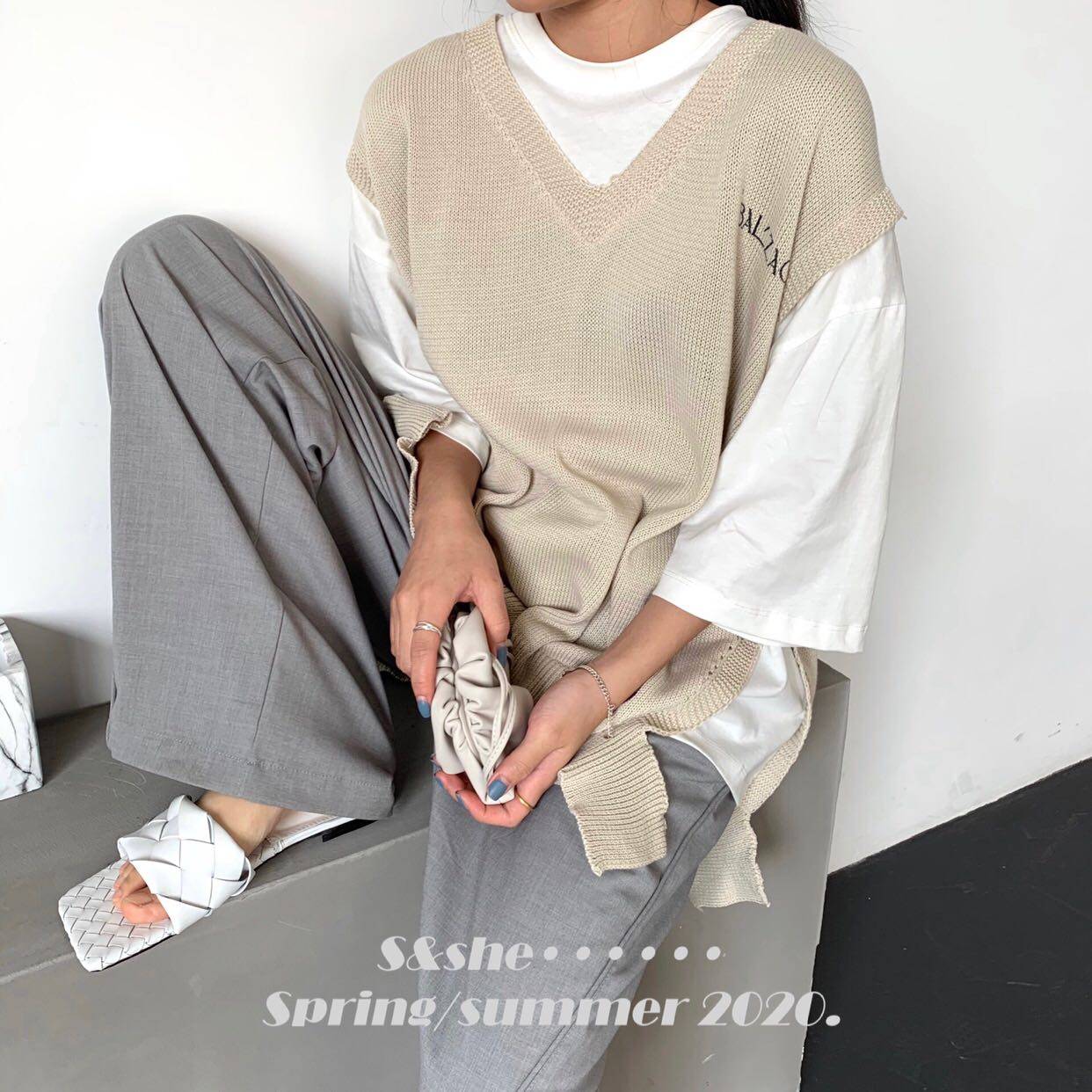 s&she新款2020春季女装韩版宽松印花卫衣针织马甲拼接T恤百搭上衣