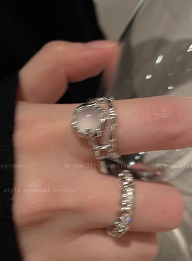 月光石水钻开口戒女两件套