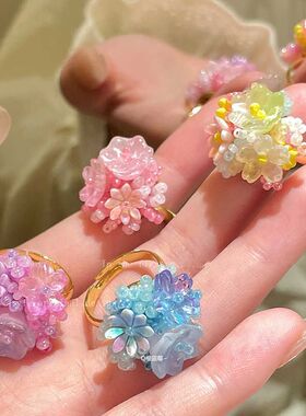 彩色玻璃珠米珠花朵开口戒指夏日