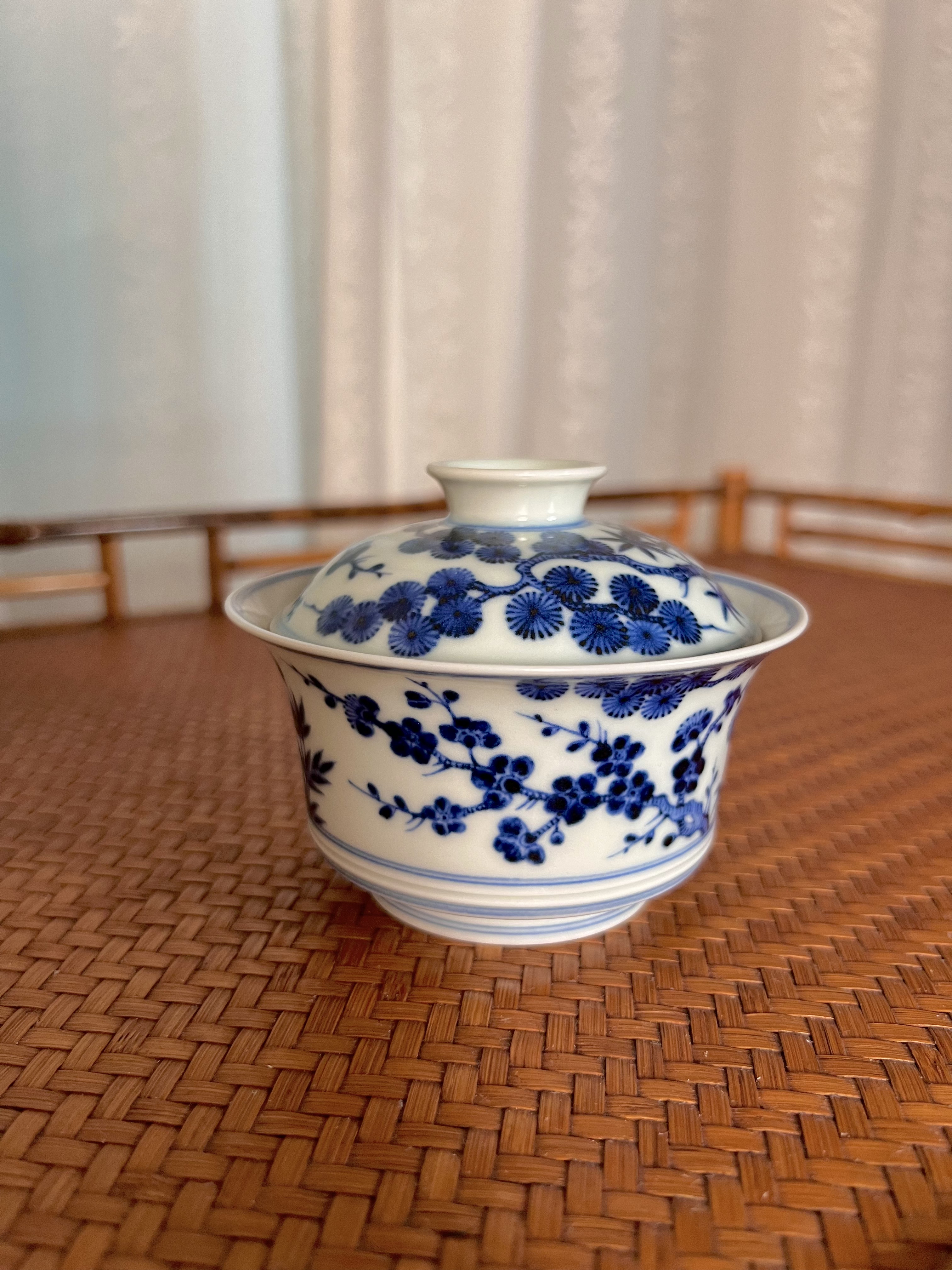 见欢集 柴窑明青花岁寒三友松竹白虎马蹄盖碗 茶盅一人饮陶瓷礼品