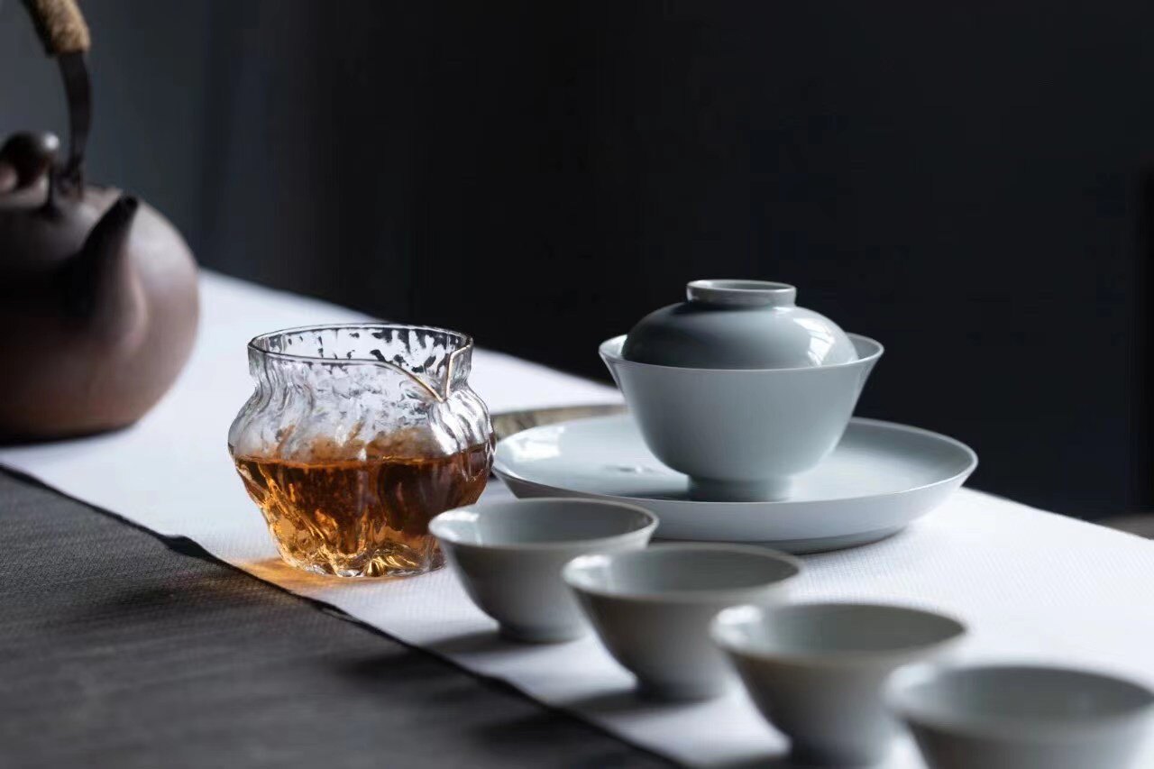 真如堂仿古湖田青白瓷雕刻蝠云纹岩茶品茗盖碗主人杯茶具套组