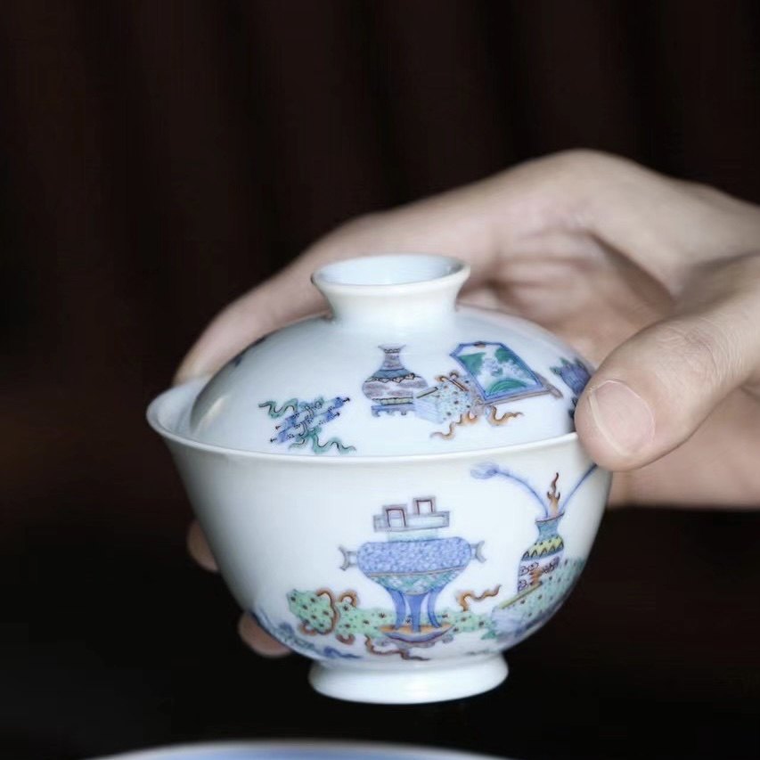 景德镇忘言造物慕胤堂青花斗彩博古清供图文人雅玩两才盖碗盖盅