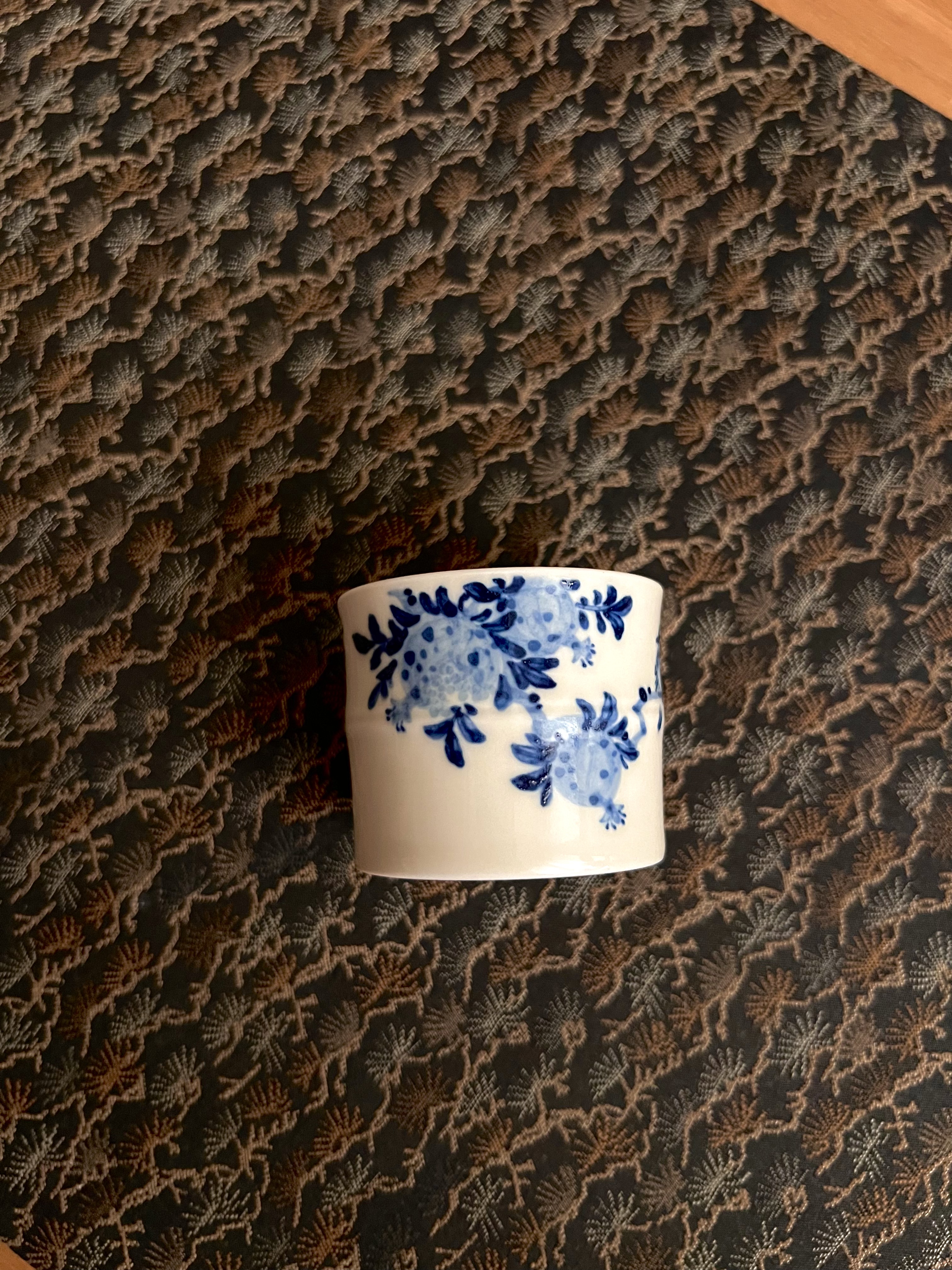 见欢集雨香斋高温宫墙红釉手绘青花石榴纹杯竹节杯景德镇陶瓷茶器