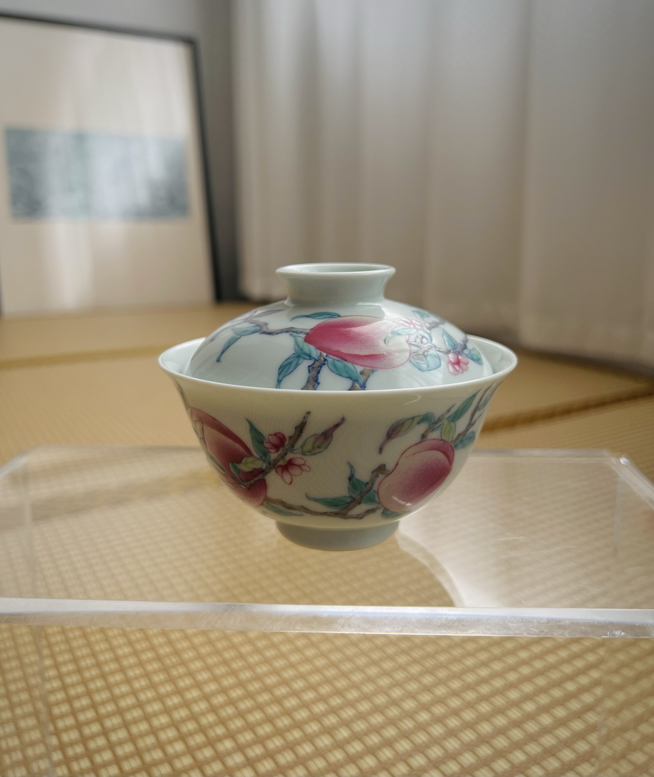 景德镇见欢集青花斗彩寿桃福寿康宁两才元宝盖碗