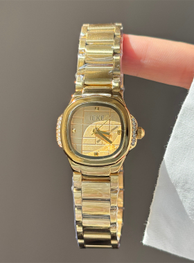 vintage中古风方圆边钻钢带手表女金色气质简约奢华百搭女士石英