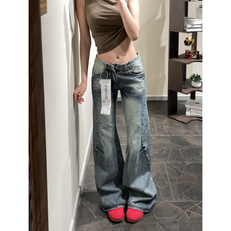 美式复古蓝阔腿微喇牛仔裤女春季低腰显瘦宽松不贴腿拖地喇叭裤子图片
