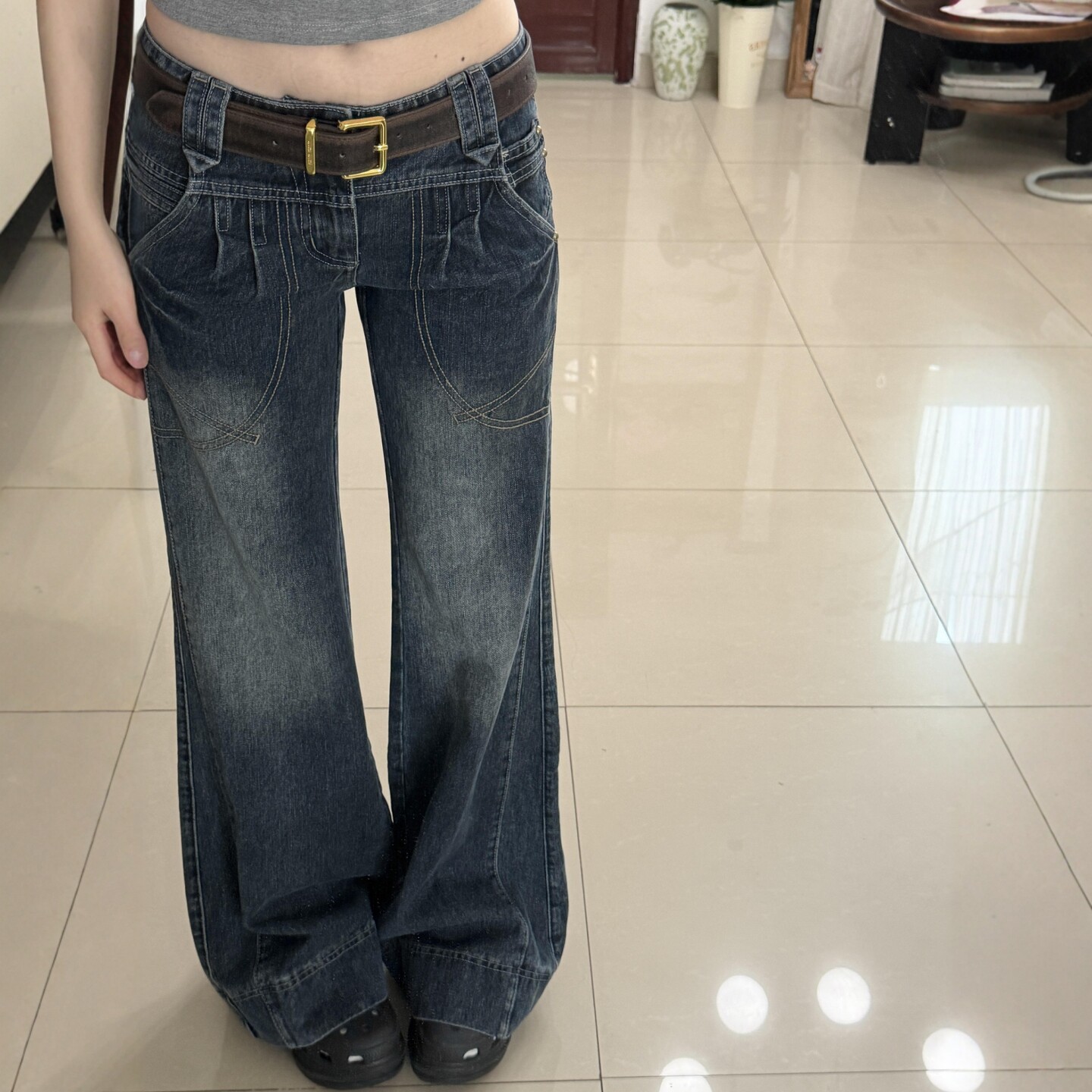 美式复古辣妹重磅小众明线口袋拼接牛仔裤子秋季女宽松显瘦微喇裤
