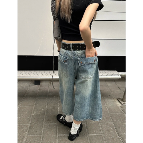 夏季高腰美式复古宽松七分阔腿牛仔裤女小个子薄直筒百搭五分中裤