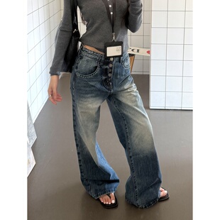 美式复古辣妹宽松bf慵懒风牛仔裤子女设计感水洗多排扣拖地阔腿裤