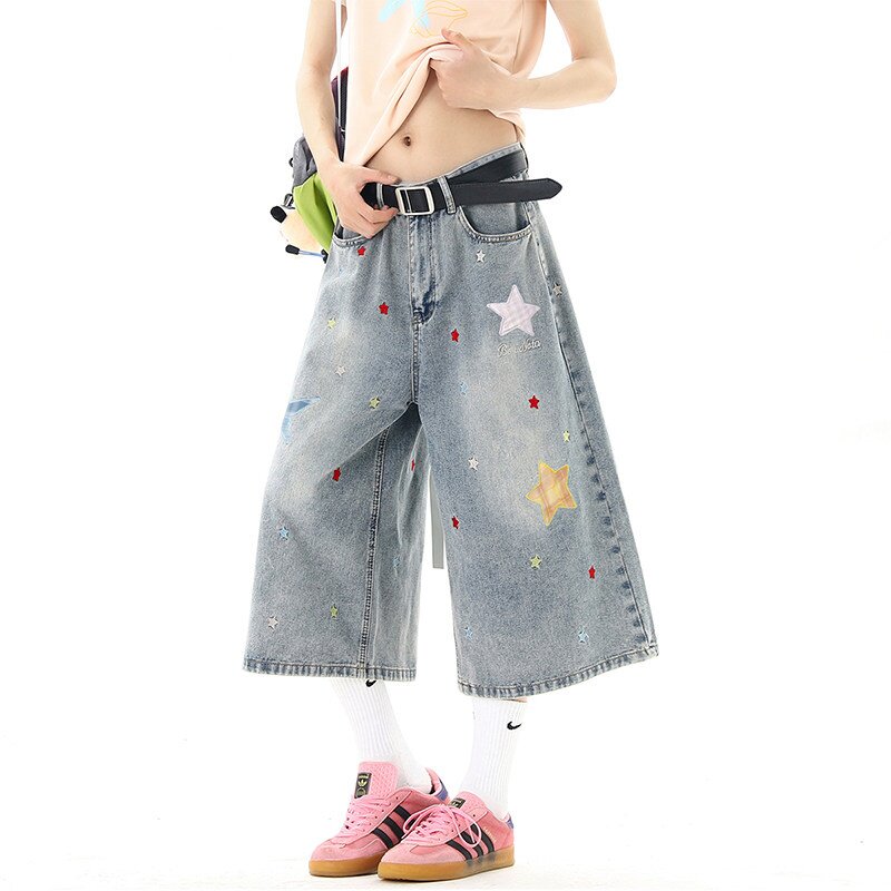 美式多巴胺星星贴布牛仔七分裤男女2026夏季潮牌宽松牛仔阔腿短裤