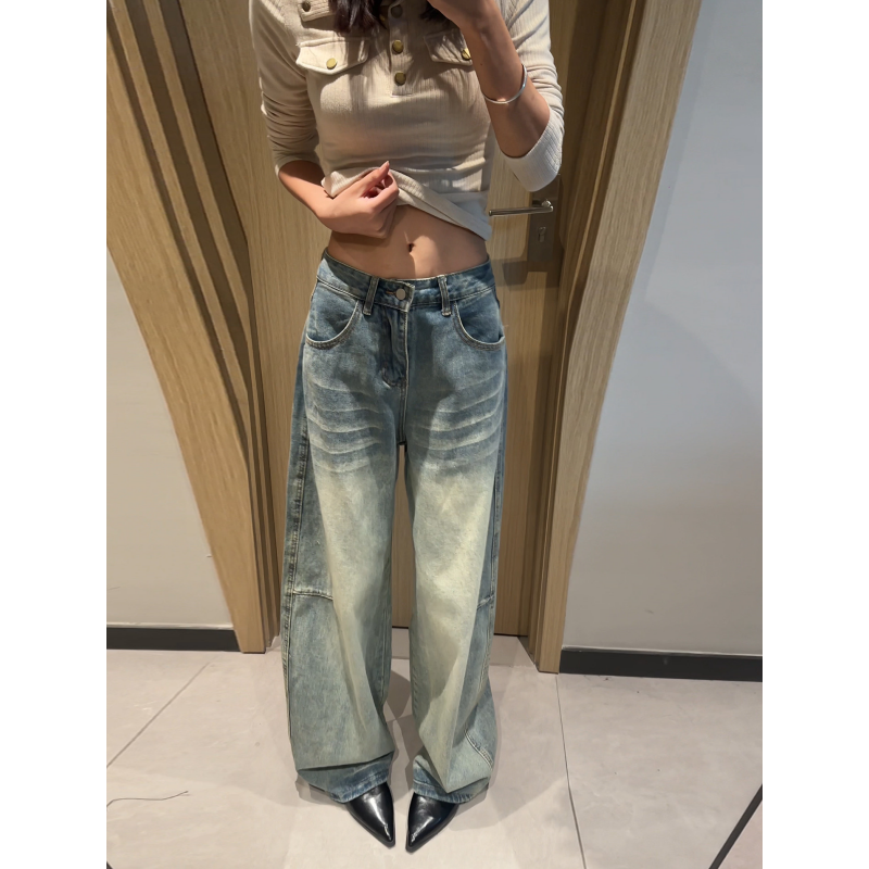 美式复古水洗折痕弯刀牛仔裤女2026春秋宽松显瘦直筒垂感阔腿裤子,女装/女士精品,牛仔裤,淘宝优惠券,粉丝福利购,淘宝优惠卷