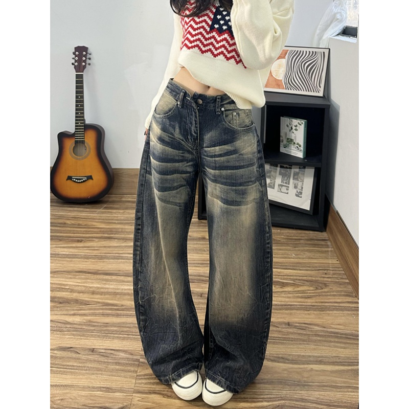 美式复古做旧弯刀裤牛仔裤女秋冬季高腰宽松直筒显瘦阔腿镰刀裤子
