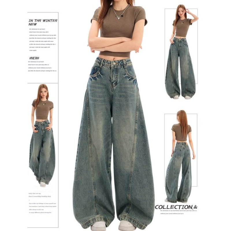 美式复古高腰弯刀牛仔裤女春秋款高街设计感宽松显瘦垂感阔腿裤子,女装/女士精品,牛仔裤,淘宝优惠券,粉丝福利购,淘宝优惠卷