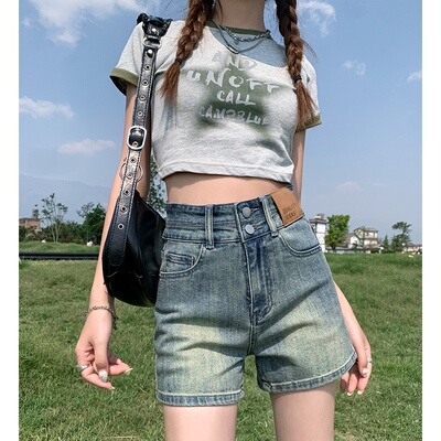 美式复古双扣牛仔短裤女2025新款高腰显瘦弹力辣妹包臀直筒短裤子