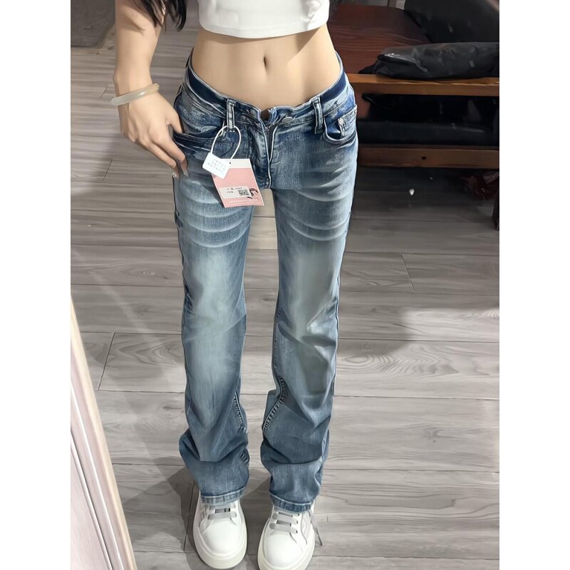 美式高街毛须低腰微喇牛仔裤女春秋设计感小众辣妹弹力窄版直筒裤图片