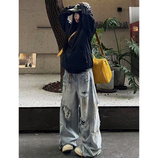 美式复古做旧乞丐破洞牛仔裤女夏季2026新款设计感宽松阔腿长裤子