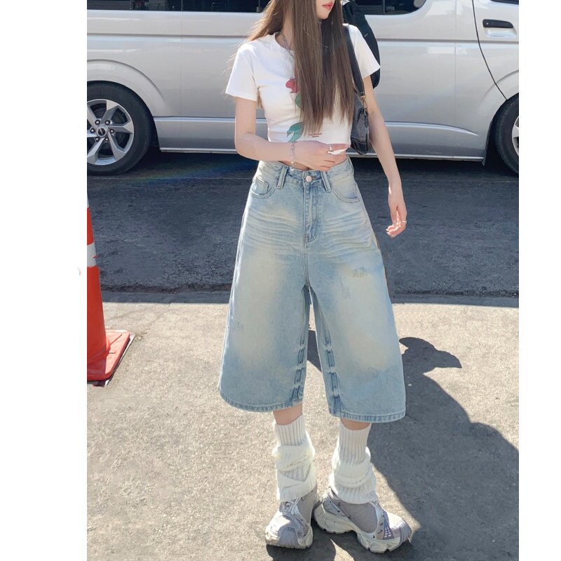 水洗浅色宽松阔腿七分牛仔短裤女2026年夏季薄款美式休闲直筒中裤