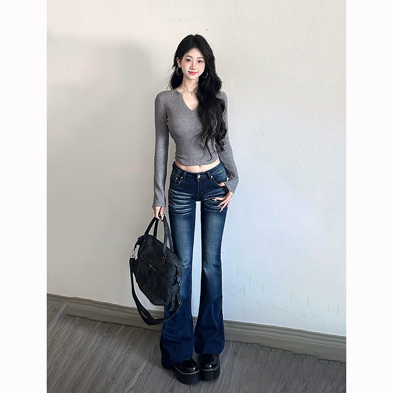 复古美式低腰微喇牛仔裤女2026秋季新款修身辣妹百搭垂感喇叭裤子图片