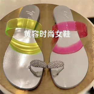 gz新款透明一字带拖鞋女平底外穿休闲简约风水钻套趾凉拖百搭女鞋