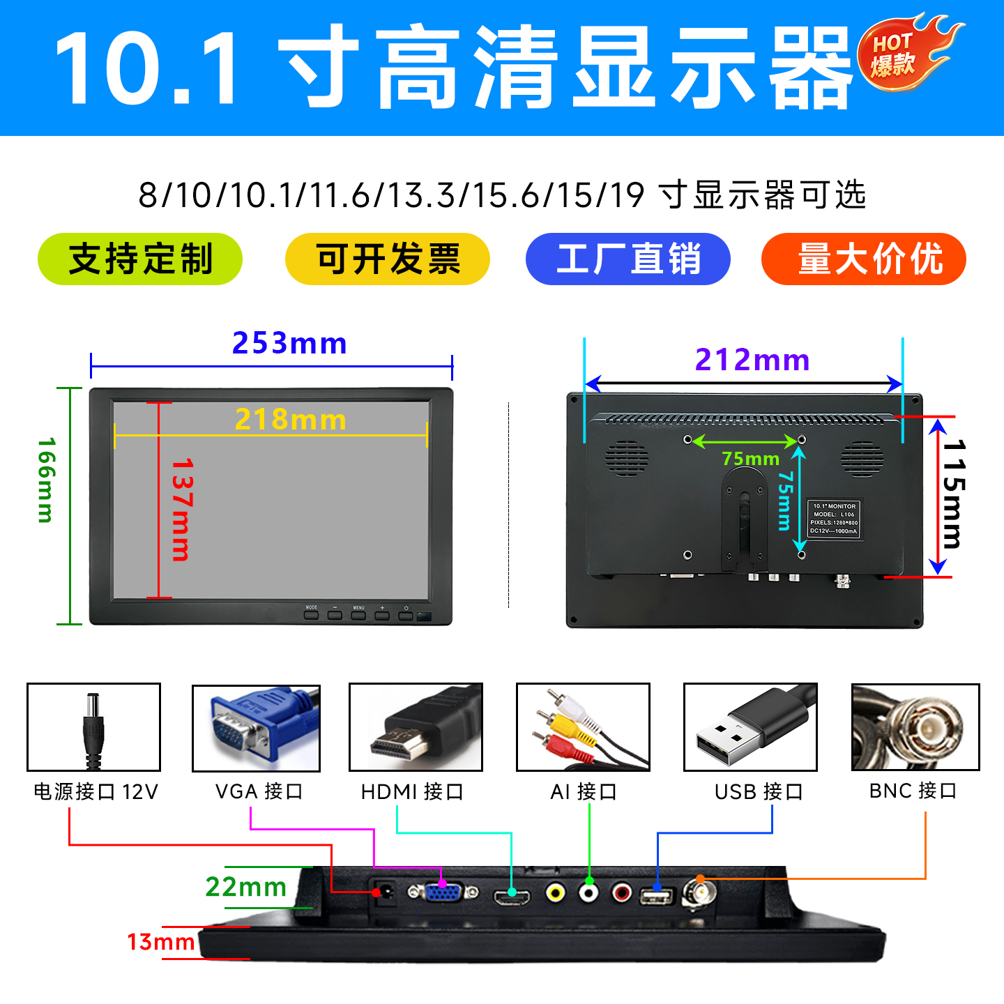 高清HDMI屏10.1/10寸小型工业屏IPS全视角VGA电脑宽屏1080P显示器