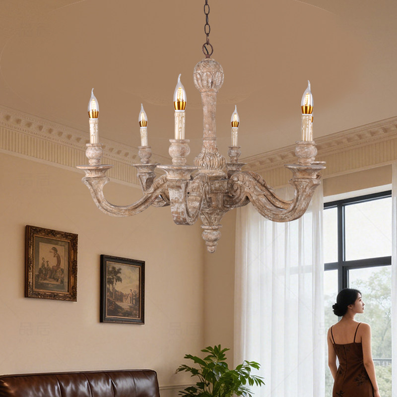 美式乡村法式实木复古做旧吊灯客厅餐厅晚上西餐厅民宿酒吧氛围