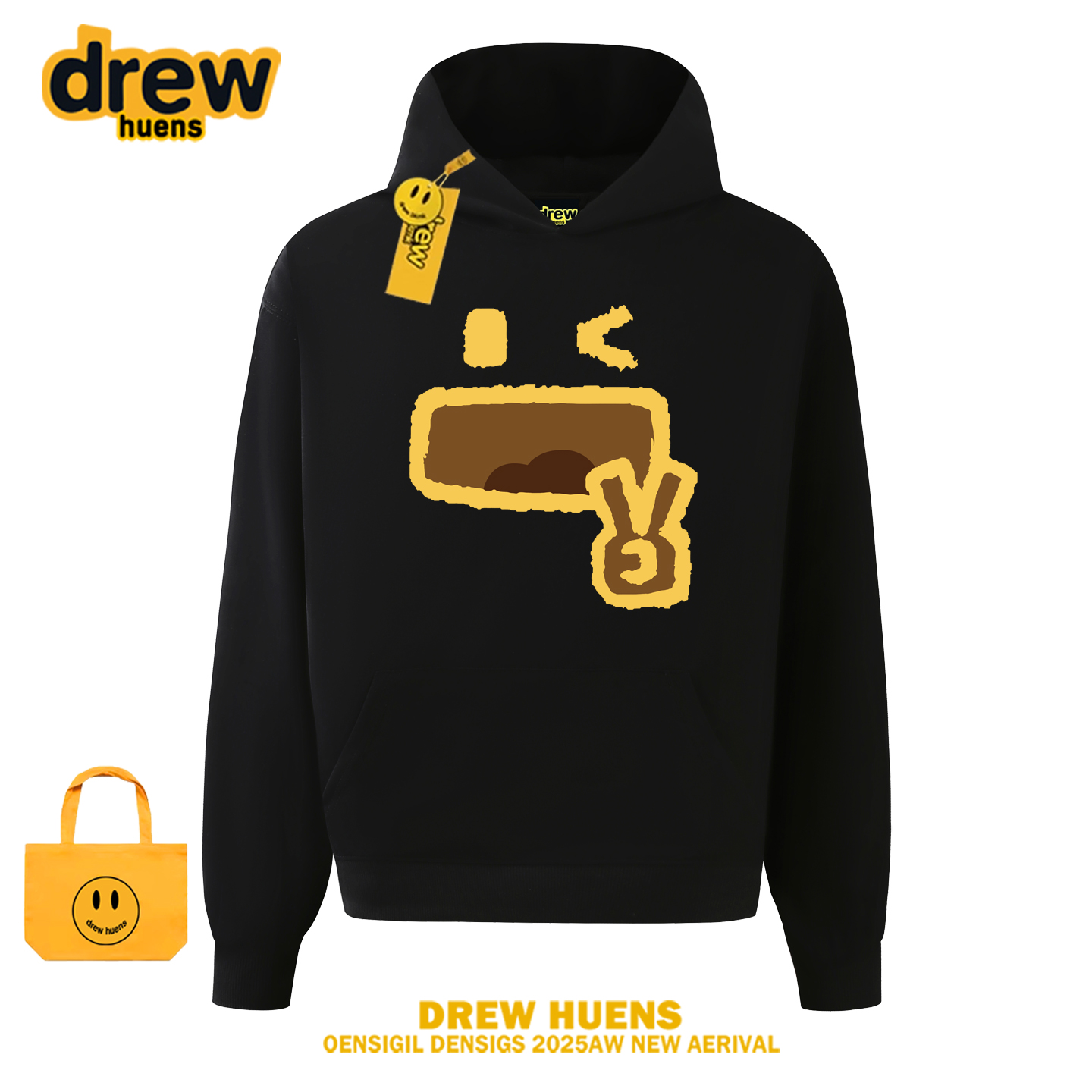 Drew huens潮牌连帽卫衣趣味比耶印花秋冬男女款宽松加绒加厚帽衫