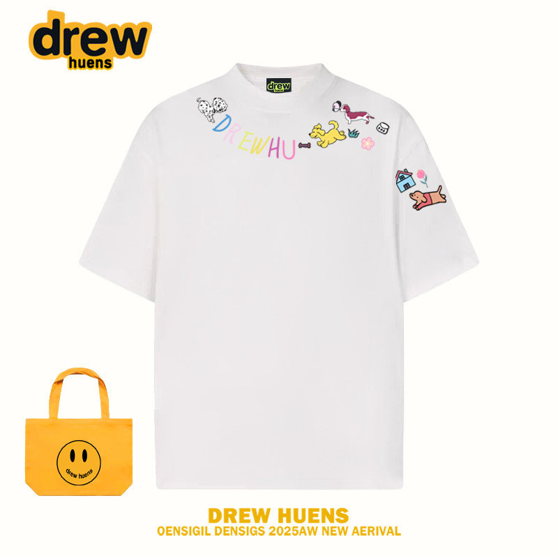 Drew huens美式创意印花短袖T恤男女国潮牌卡通情侣重磅百搭上衣