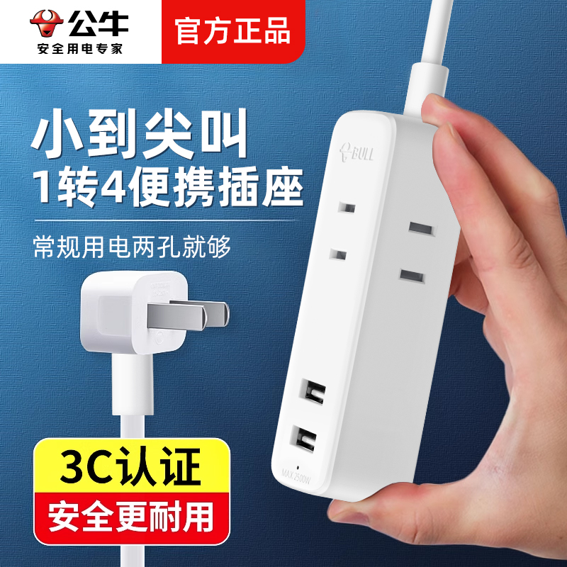 2脚薄款插头 双USB接口+2插位 简约多功能