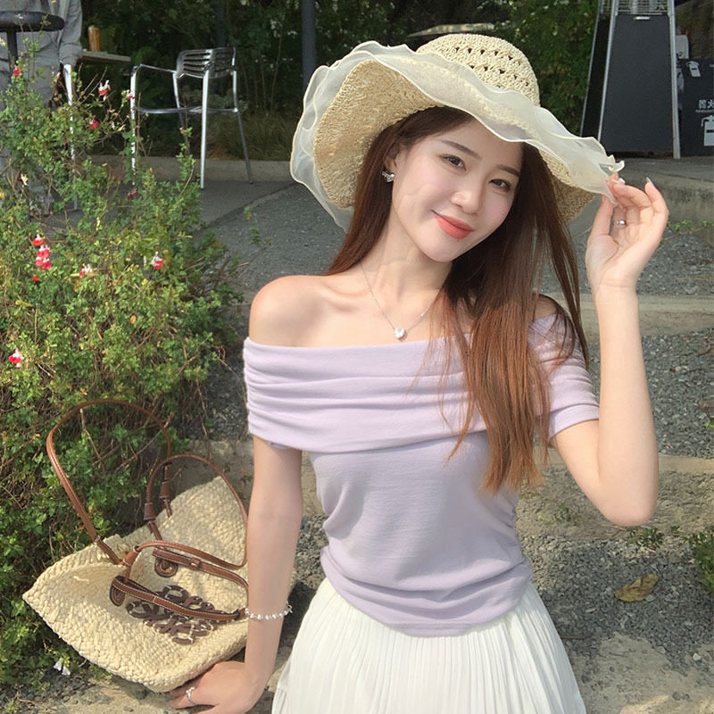 法式紫色一字肩上衣女夏季202T恤