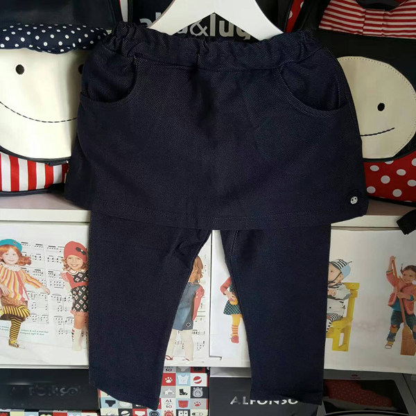 特价-原-韩版童装春秋款女童假2件裙裤仿牛仔裤百搭打底裤9分裤子