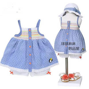 特价-原-韩版夏款女童沙滩度假海边纯棉碎花吊带背心宝宝短裤套装