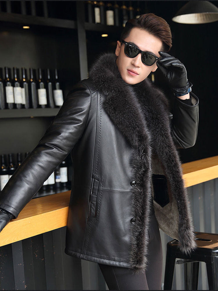 海宁皮草貉子毛领中长款加厚皮毛一体男真皮皮衣皮草加绒加厚外套