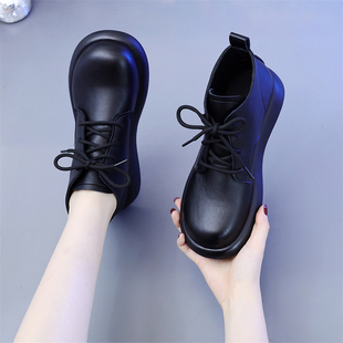 休闲防滑软底防滑乐福鞋 百搭系带小皮鞋 新款 平底短靴女2024年春季