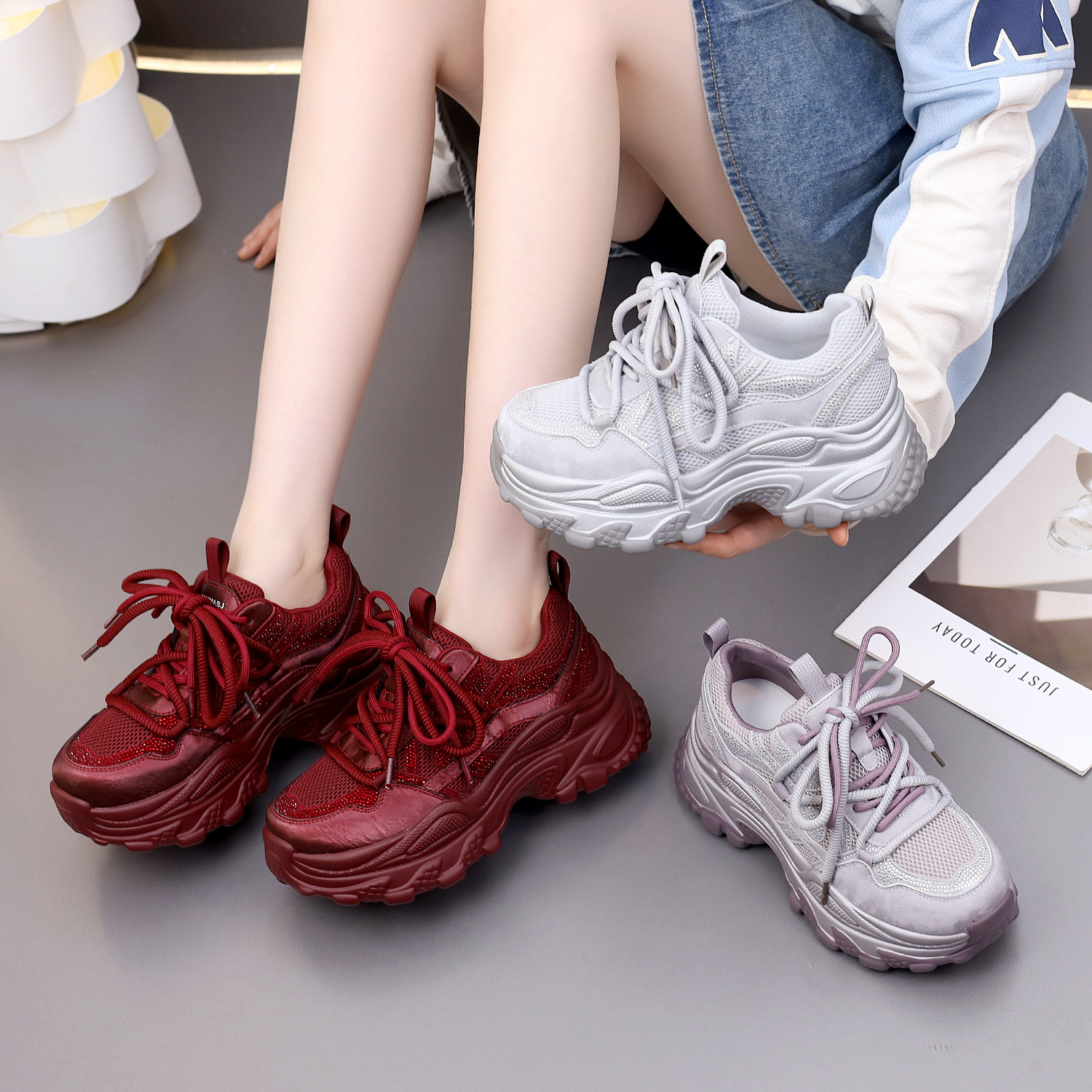 网面透气老爹鞋女2026春秋新款厚底增高显脚小舒适耐磨运动休闲鞋,女鞋,老爹鞋,淘宝优惠券,粉丝福利购,淘宝优惠卷