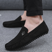 一脚蹬懒人鞋 春季 透气韩版 男潮流百搭软底绒面豆豆鞋 休闲黑色布鞋