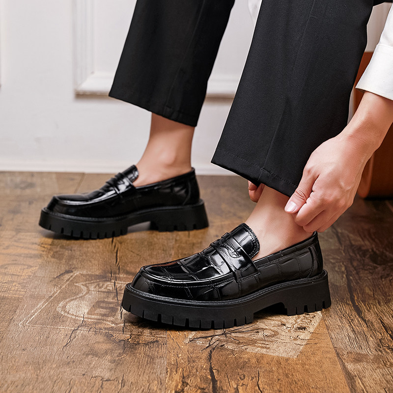 乐福鞋2026年春秋款厚底松糕单鞋子鳄鱼纹男鞋复古风圆头增高皮鞋