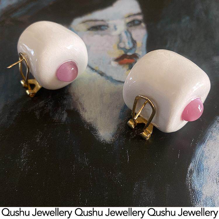 Qushu Jewellery 原创设计手工棉花糖造型耳饰镶嵌猫眼石小众耳环图片