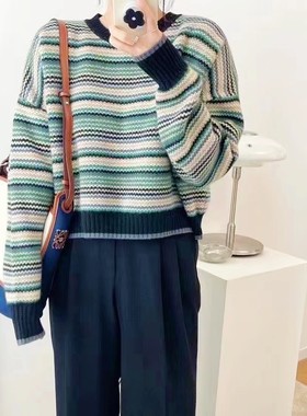 新款韩版女装马海毛衣休闲宽松时尚潮条纹衫复古套头圆领针织