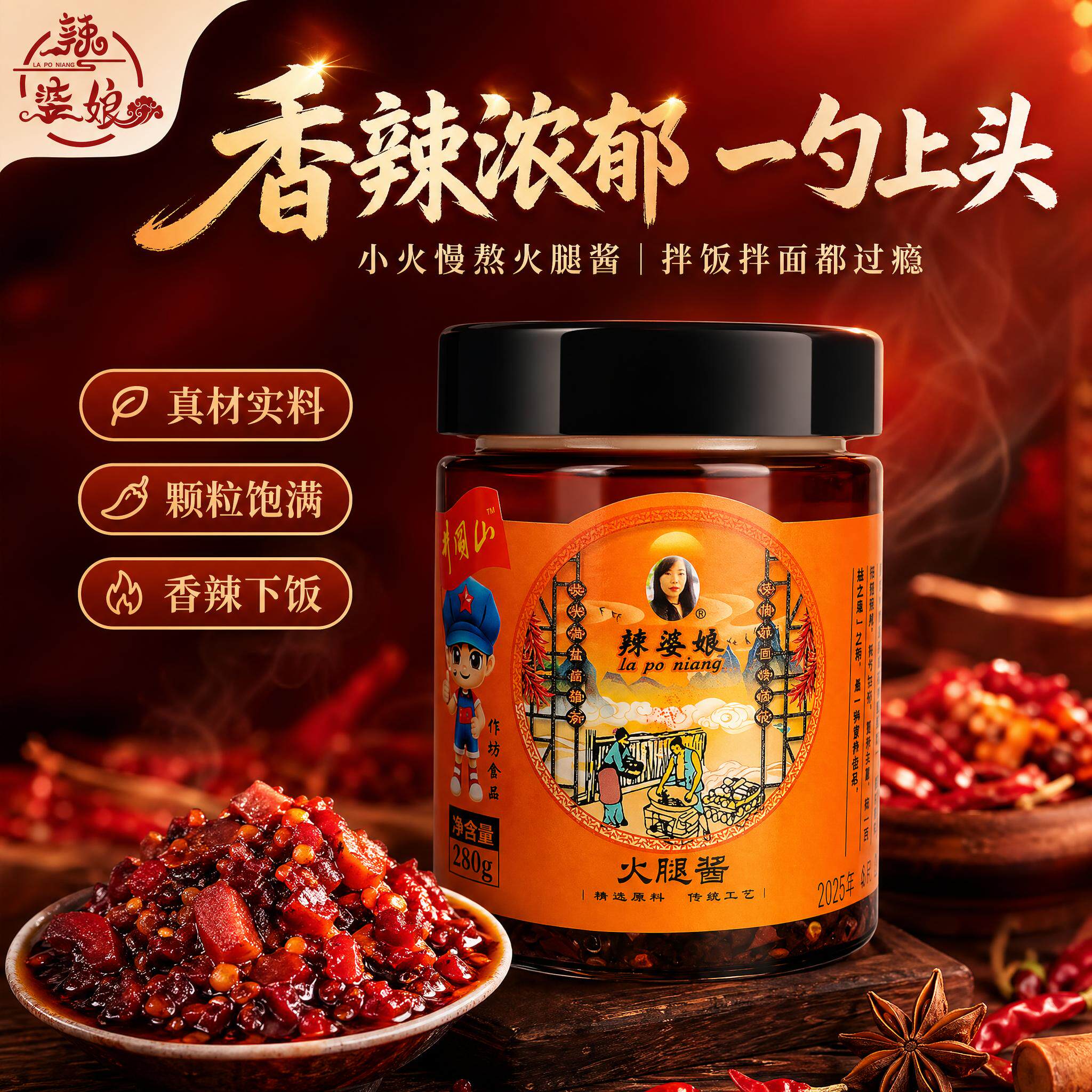 辣婆娘【280g火腿酱】江西特产开胃下饭菜瓶装香辣拌面拌饭拌馒头