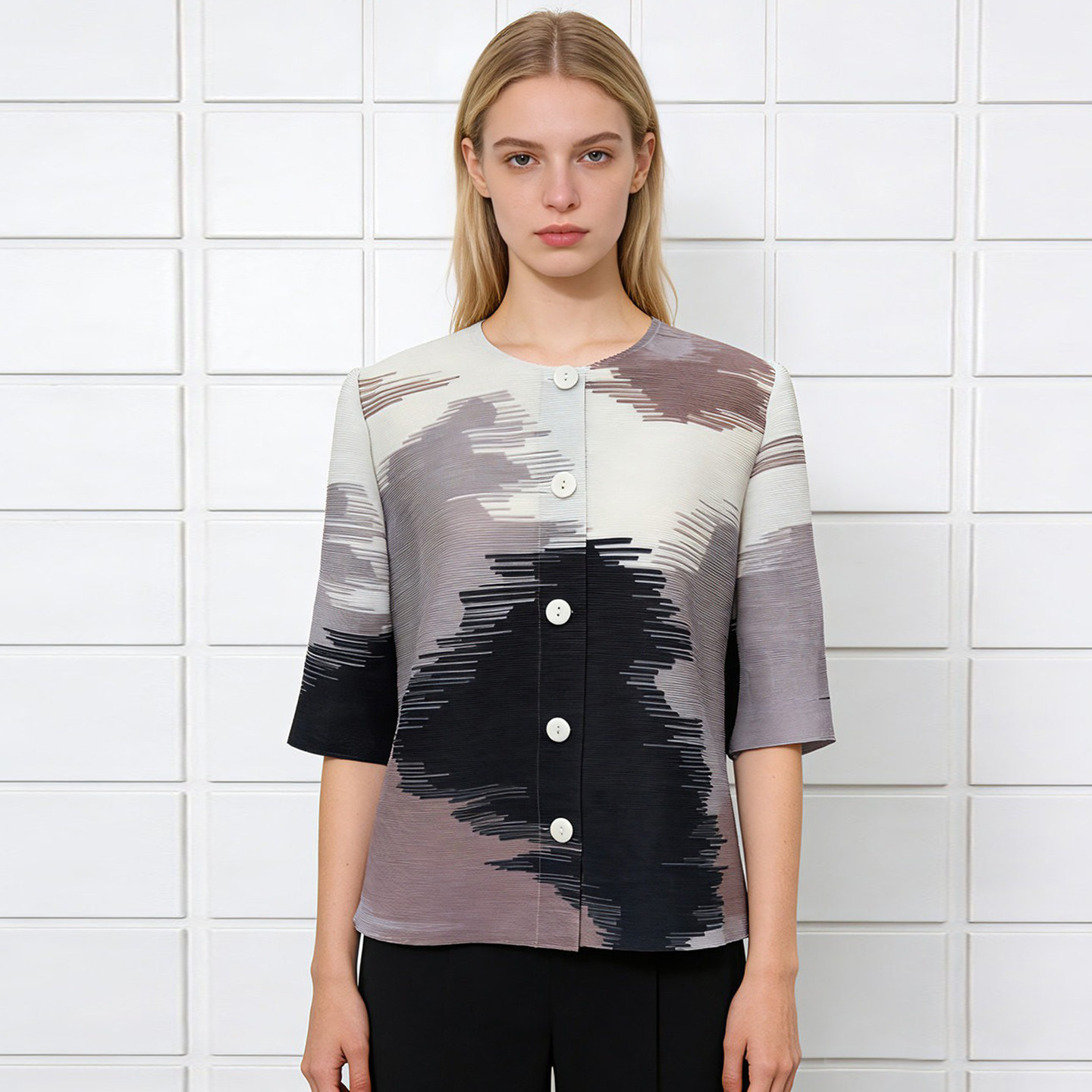 春季新款通勤印花单排扣短外套宽松洋气减龄时尚褶皱工艺女士上衣,女装/女士精品,T恤,淘宝优惠券,粉丝福利购,淘宝优惠卷