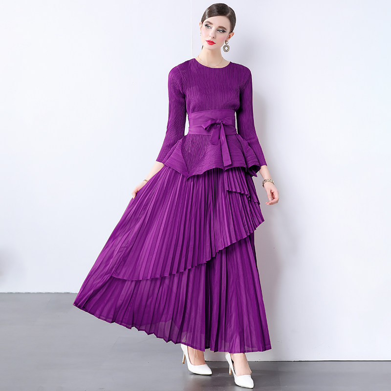 春秋褶皱不规则上衣+长款灯笼裙系带百褶裙外贸欧美风褶皱套装女