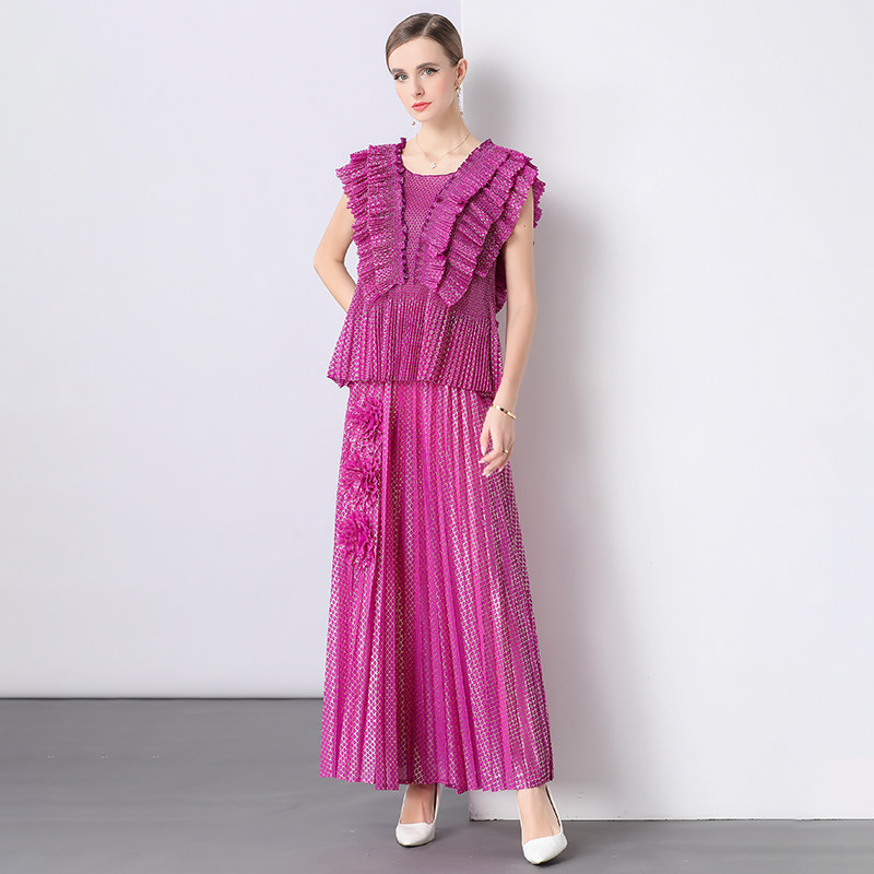 中年妈妈夏天套装大码女装胖mm短袖时髦宽松上衣巨遮肚百褶半身裙