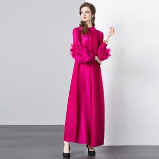 褶皱立体花瓣袖礼服裙女2025春秋季新款宽松大码半高领长款连衣裙