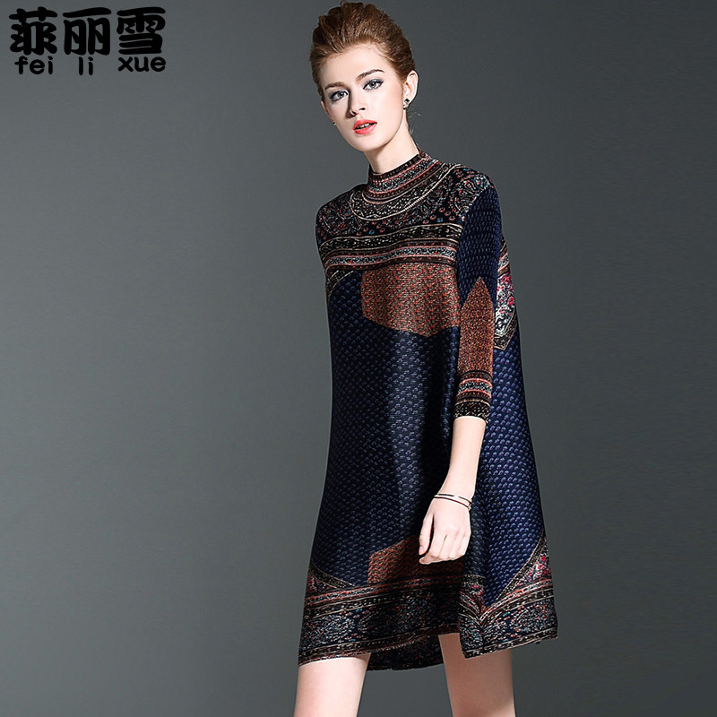 春夏褶皱印花复古宽松大码A字裙